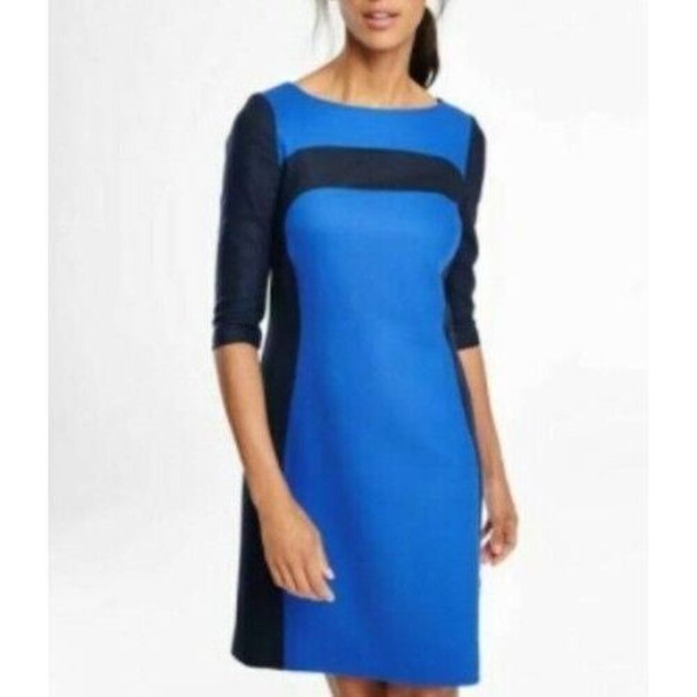Boden Sheath Dress Blue Color Block Wool 3/4 Sleeve WH918 Size 6L Office‎
